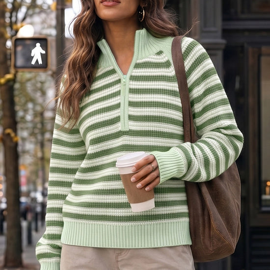 Half Zip Striped Pullover Ribbed Knit Tops - Fisoew
