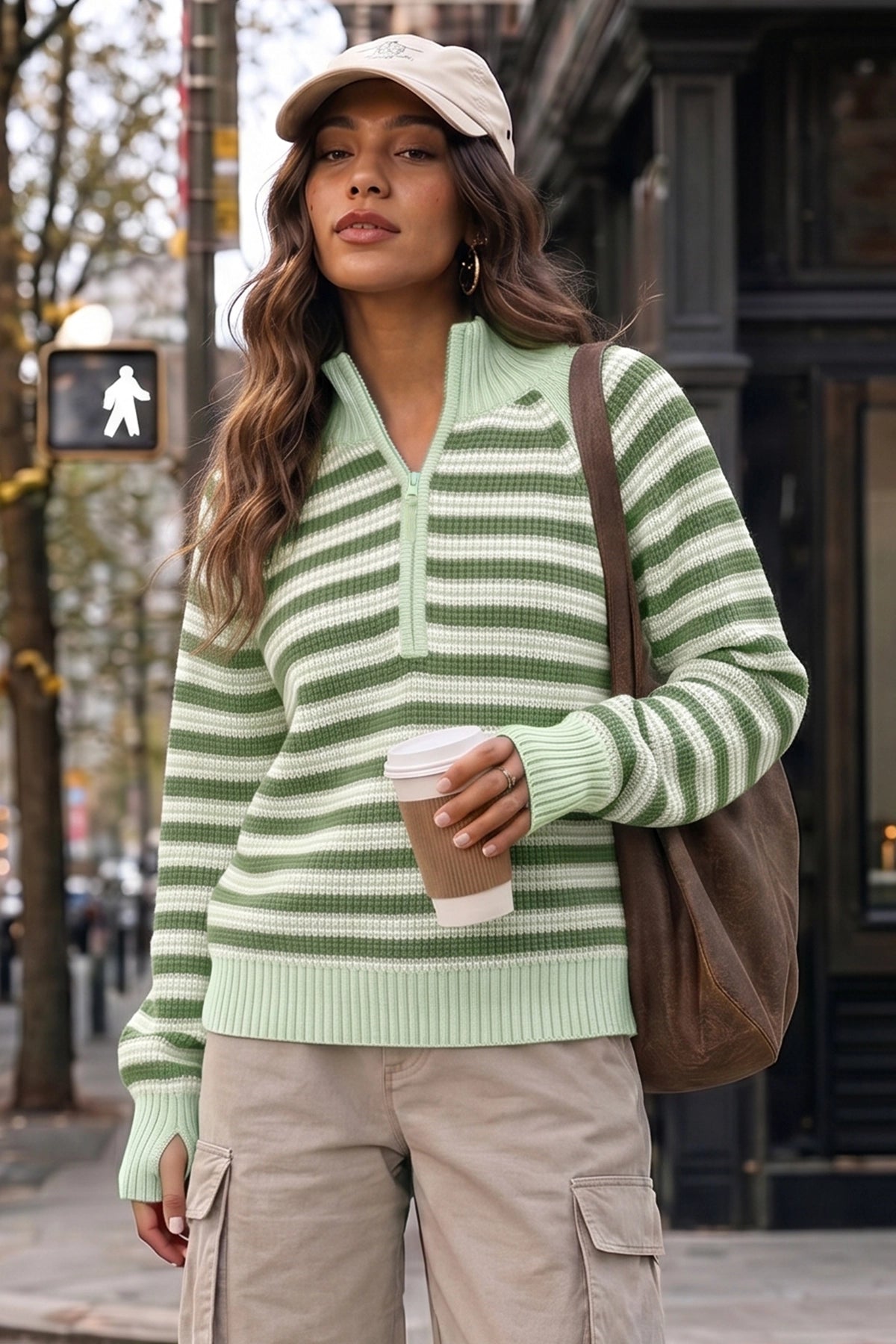 Half Zip Striped Pullover Ribbed Knit Tops - Fisoew