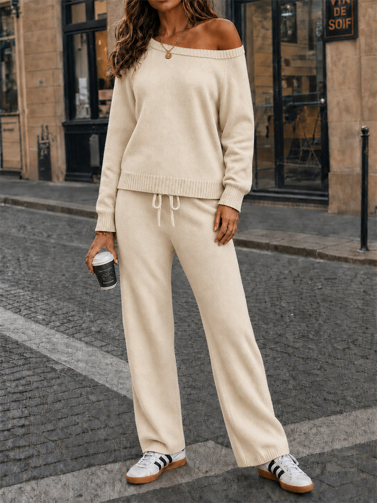 Off-Shoulder Sweaters With Drawstring Pants Set - Fisoew