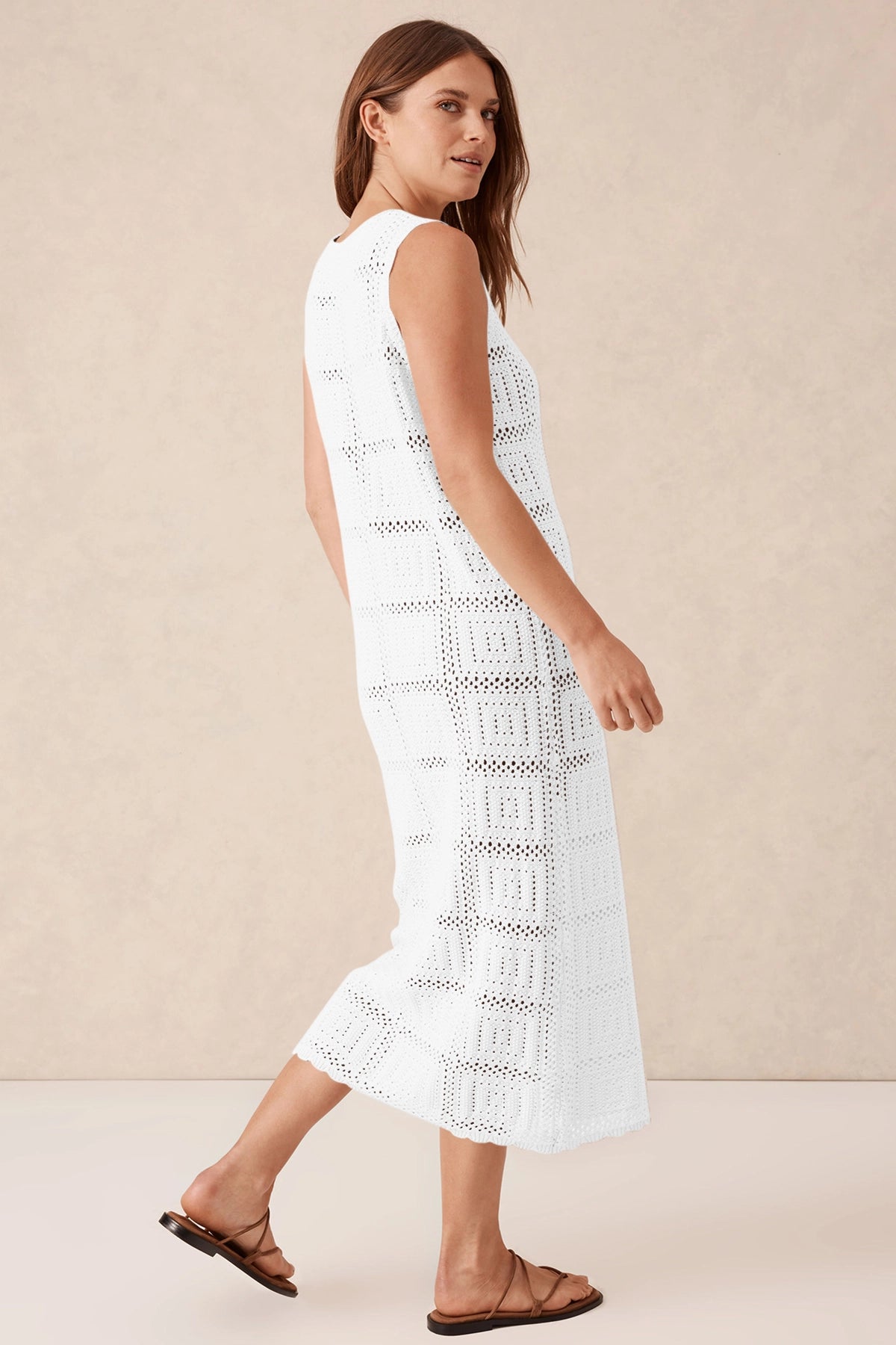 Fisoew Women's White Boho Knit Sleeveless Dress - Fisoew