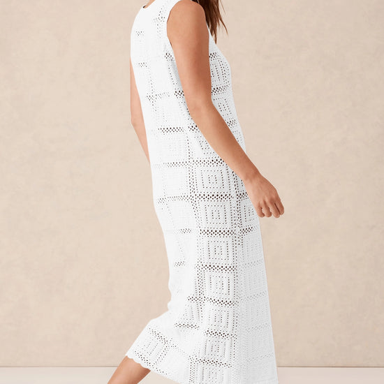 Fisoew Women's White Boho Knit Sleeveless Dress - Fisoew