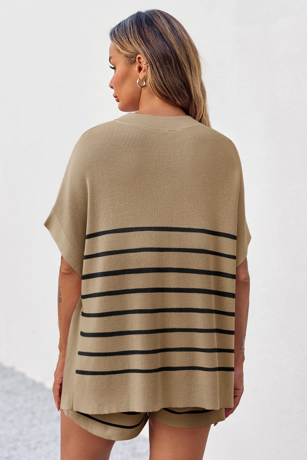 Fisoew Women's Khaki Striped Oversized Lounge Short Sets - Fisoew