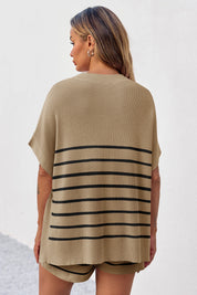 Fisoew Women's Khaki Striped Oversized Lounge Short Sets - Fisoew