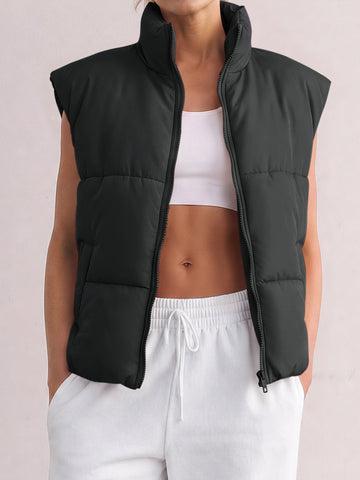 Mock Neck Quilted Puffy with Pockets Puffer Vests