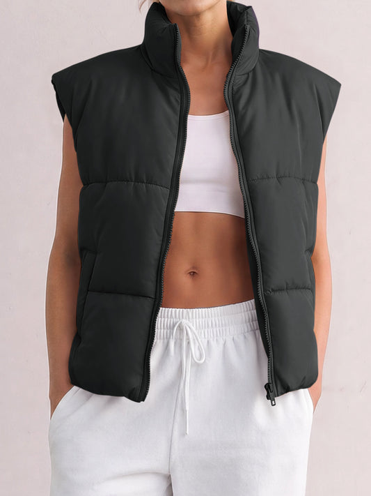 Mock Neck Quilted Puffy with Pockets Puffer Vests