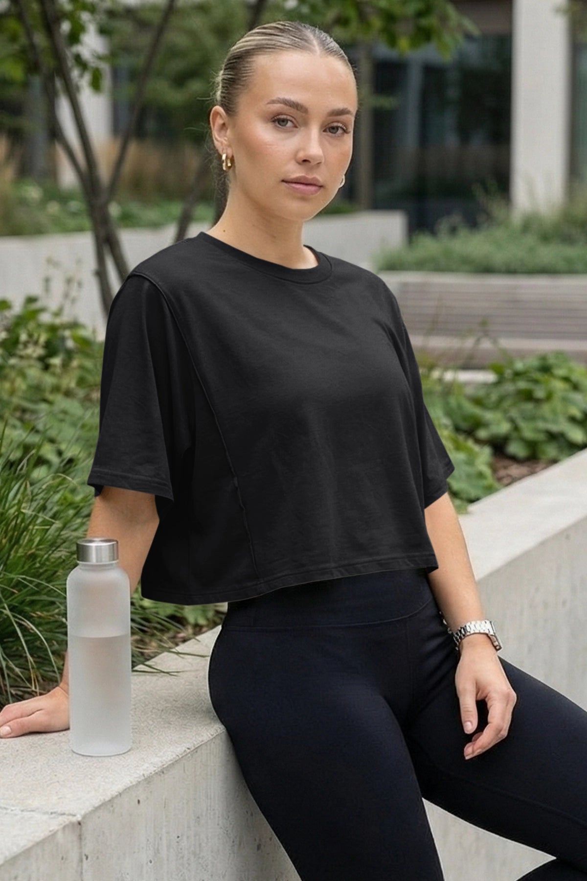 Fisoew Women's Black Oversized Crop Tops Summer T-Shirt - Fisoew