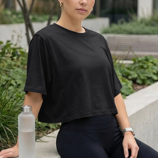 Fisoew Women's Black Oversized Crop Tops Summer T-Shirt - Fisoew