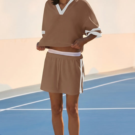 Women's Brown Sporty Knit 2-Piece Outfit Fisoew - Fisoew