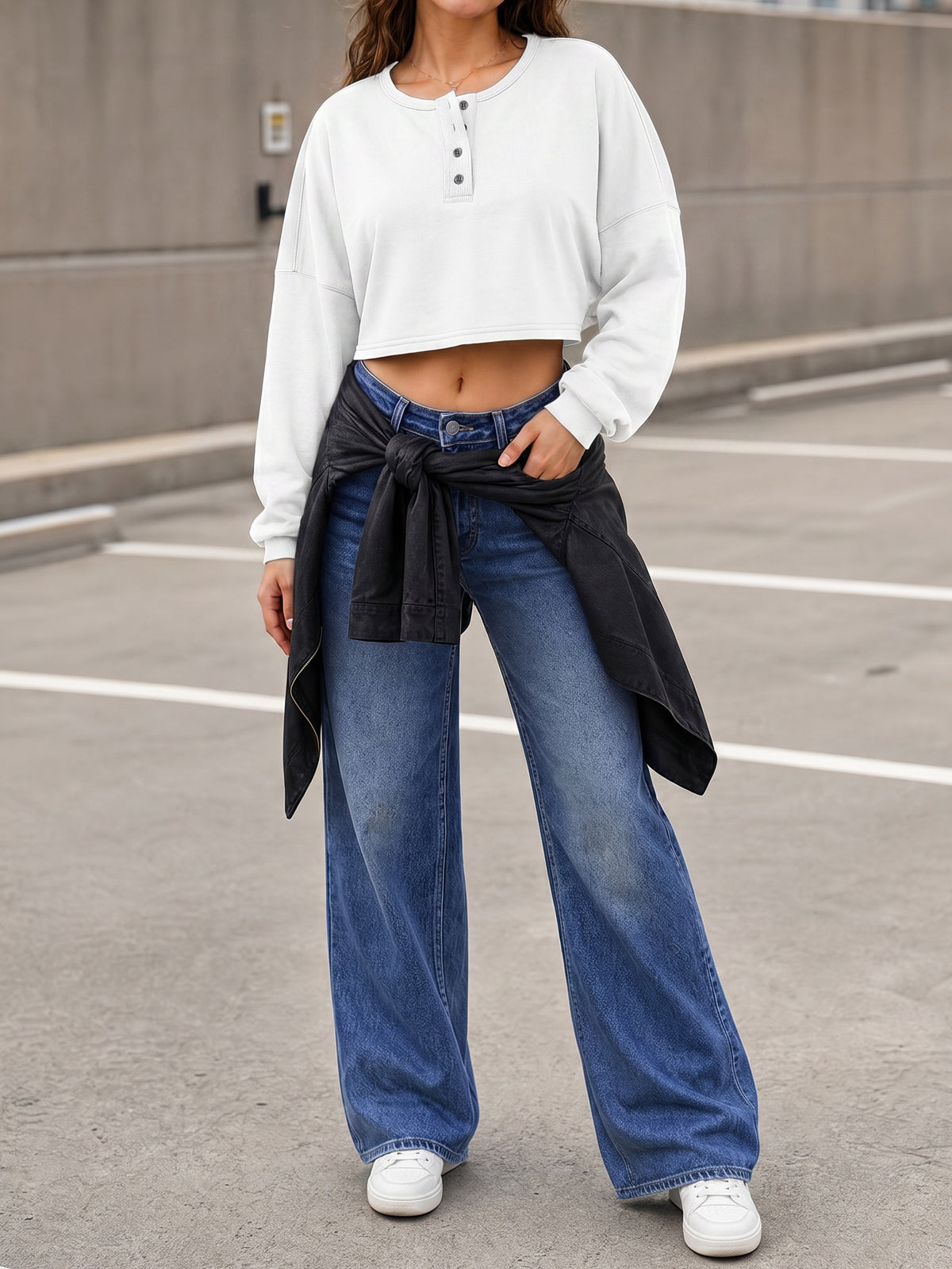 Long Sleeve Oversized Cropped Sweatshirts - Fisoew