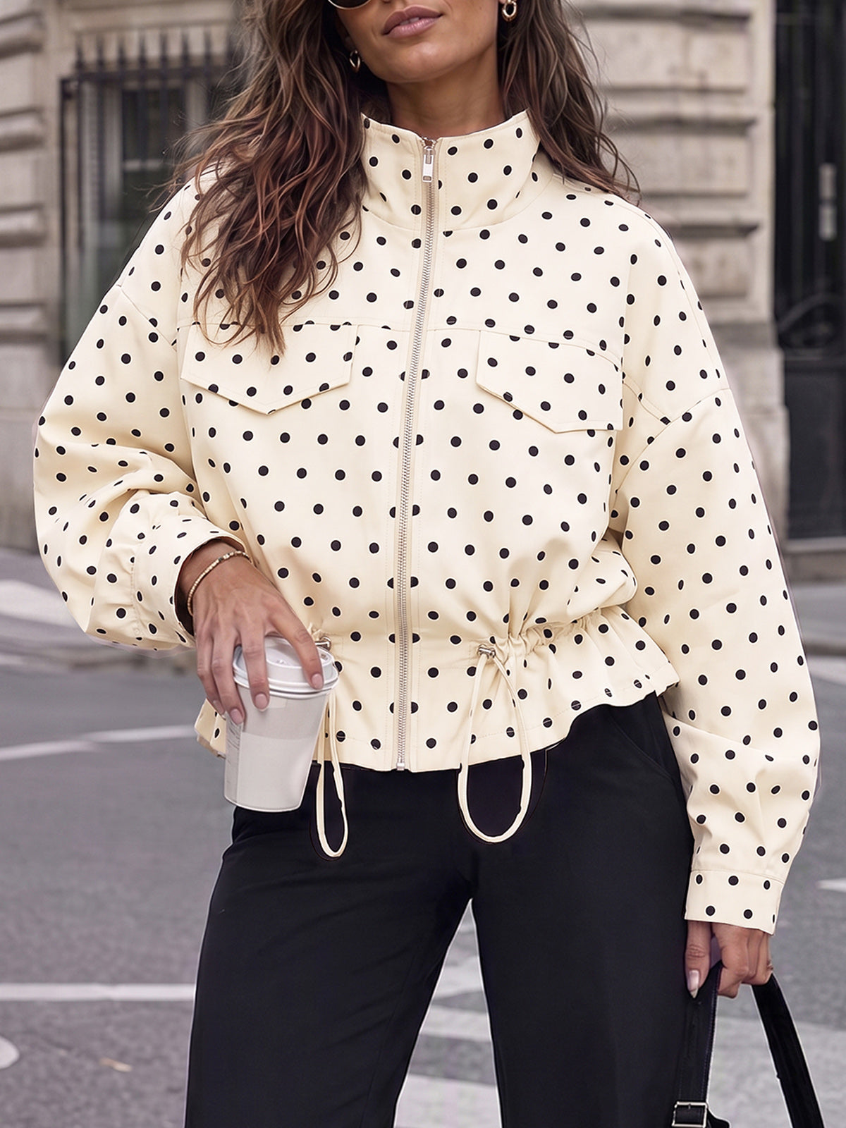 Zip Up Polka Dot Drwatring Jackets - Fisoew