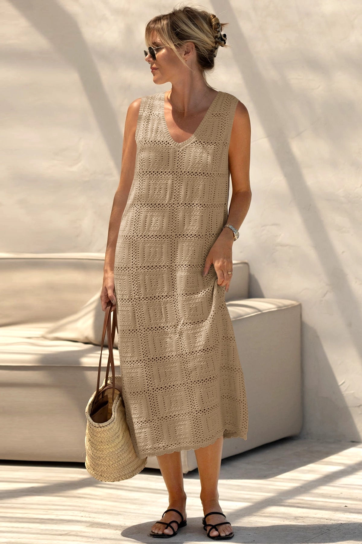 Fisoew Women's Khaki Boho Knit Sleeveless Dress - Fisoew