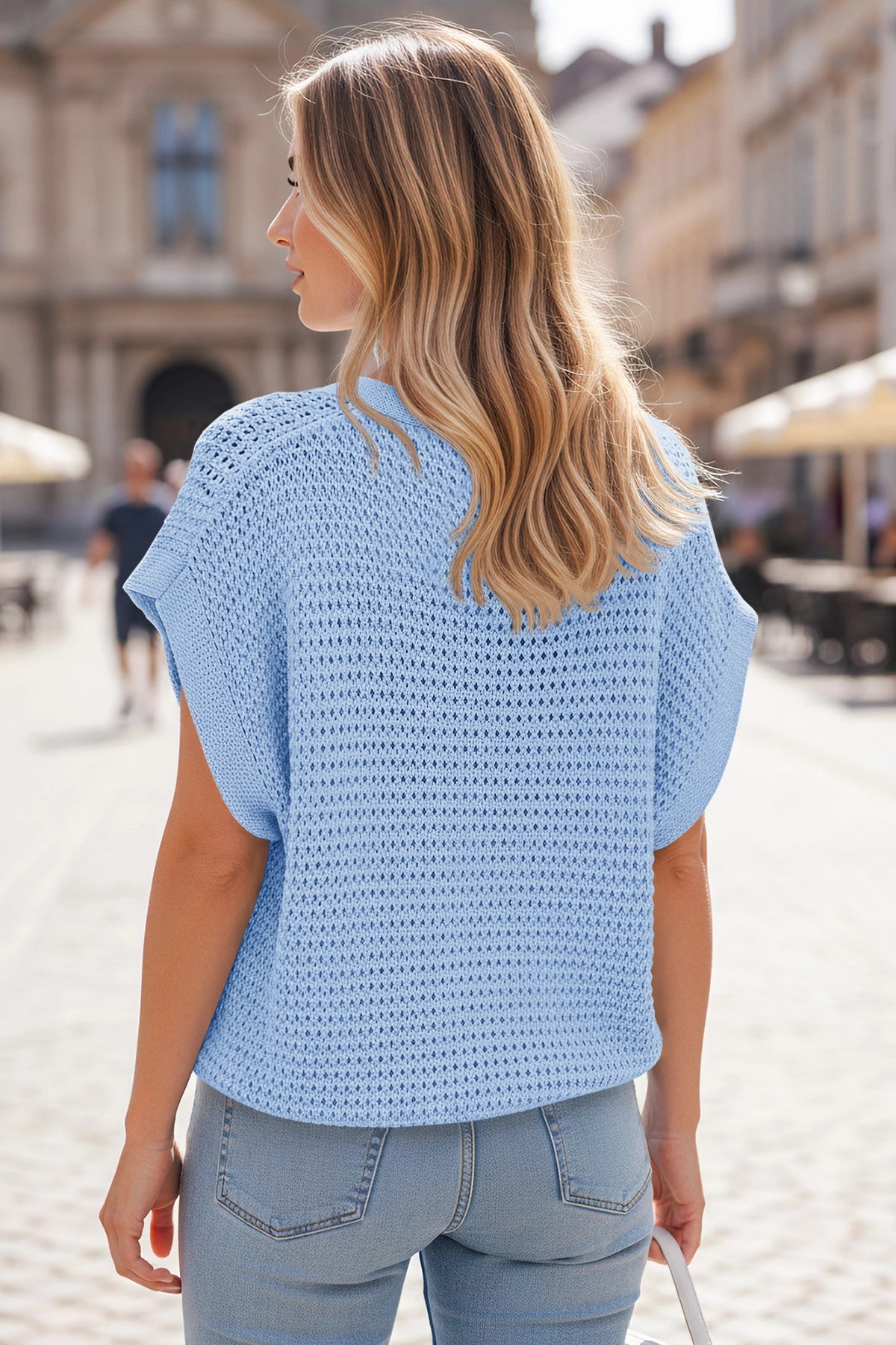 Fisoew Women's Blue Short Sleeve Crochet Cardigans Sweater Cover Ups
