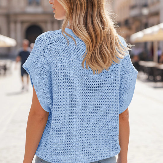Fisoew Women's Blue Short Sleeve Crochet Cardigans Sweater Cover Ups - Fisoew