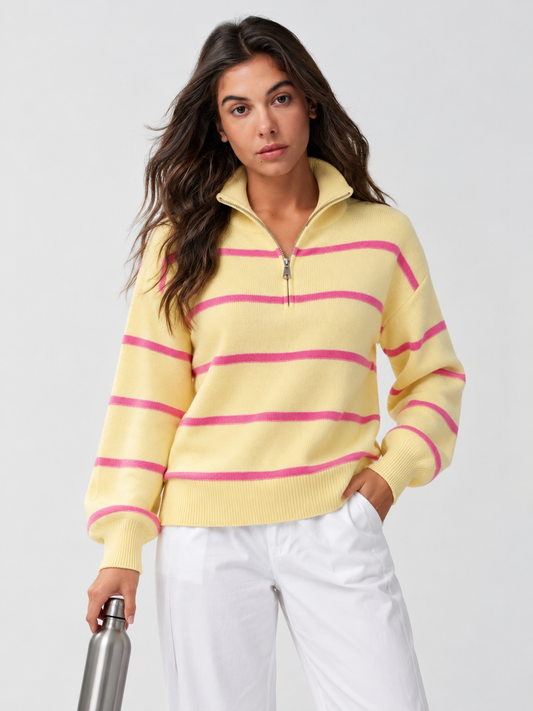 Zip Striped Oversized Turtleneck Pullover Top