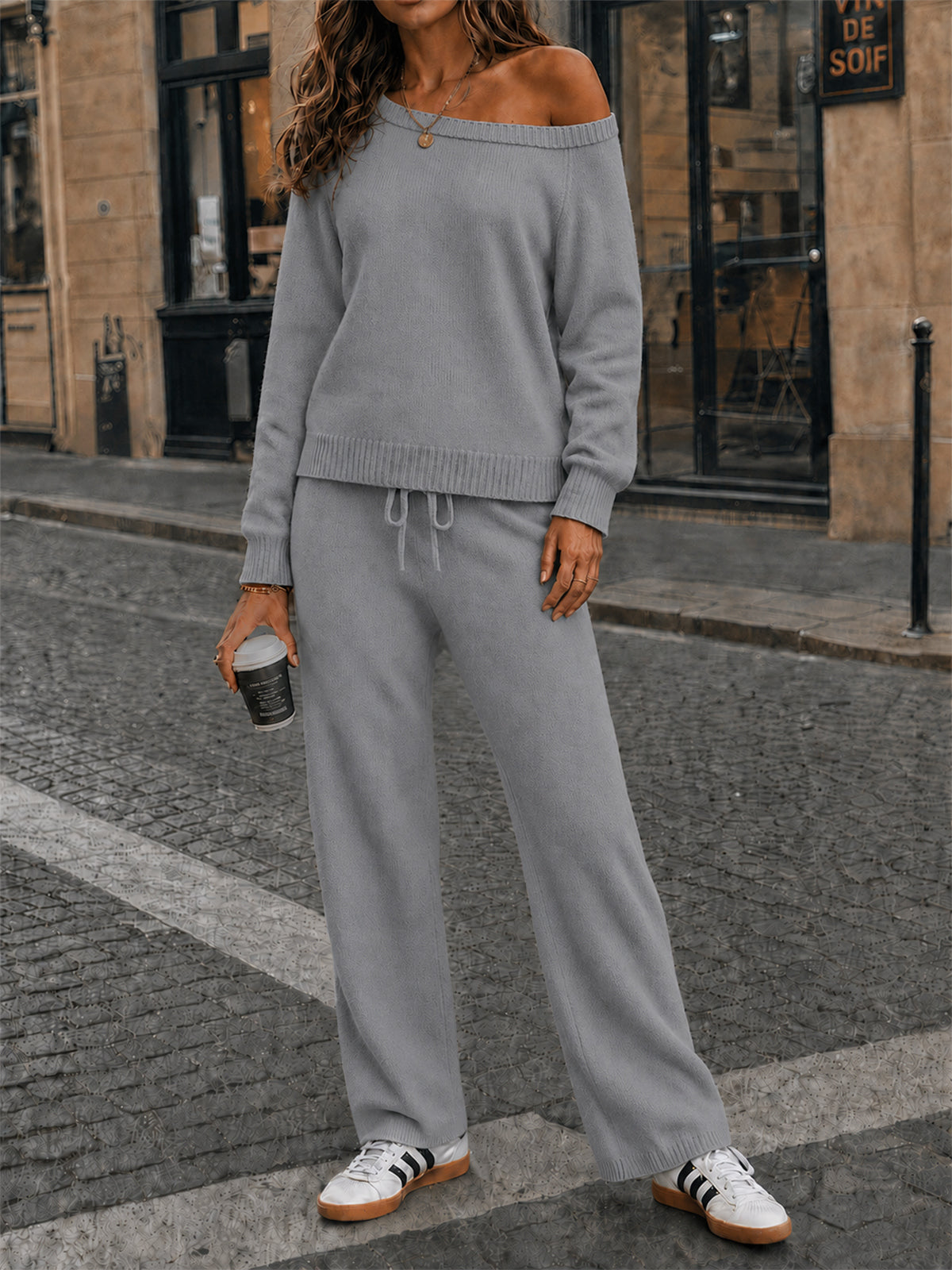 Off-Shoulder Sweaters With Drawstring Pants Set - Fisoew