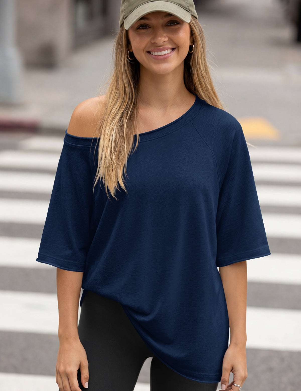 Fisoew Women's  Navy Off The Shoulder Tops Oversized  T-Shirts - Fisoew