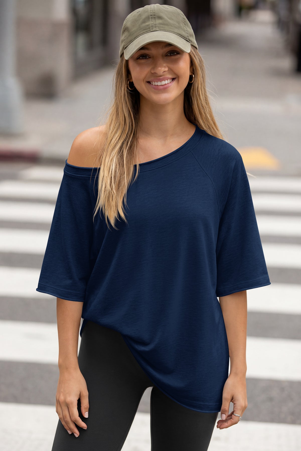 Fisoew Women's  Navy Off The Shoulder Tops Oversized  T-Shirts - Fisoew