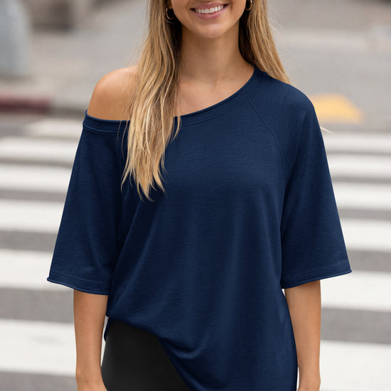 Fisoew Women's  Navy Off The Shoulder Tops Oversized  T-Shirts - Fisoew