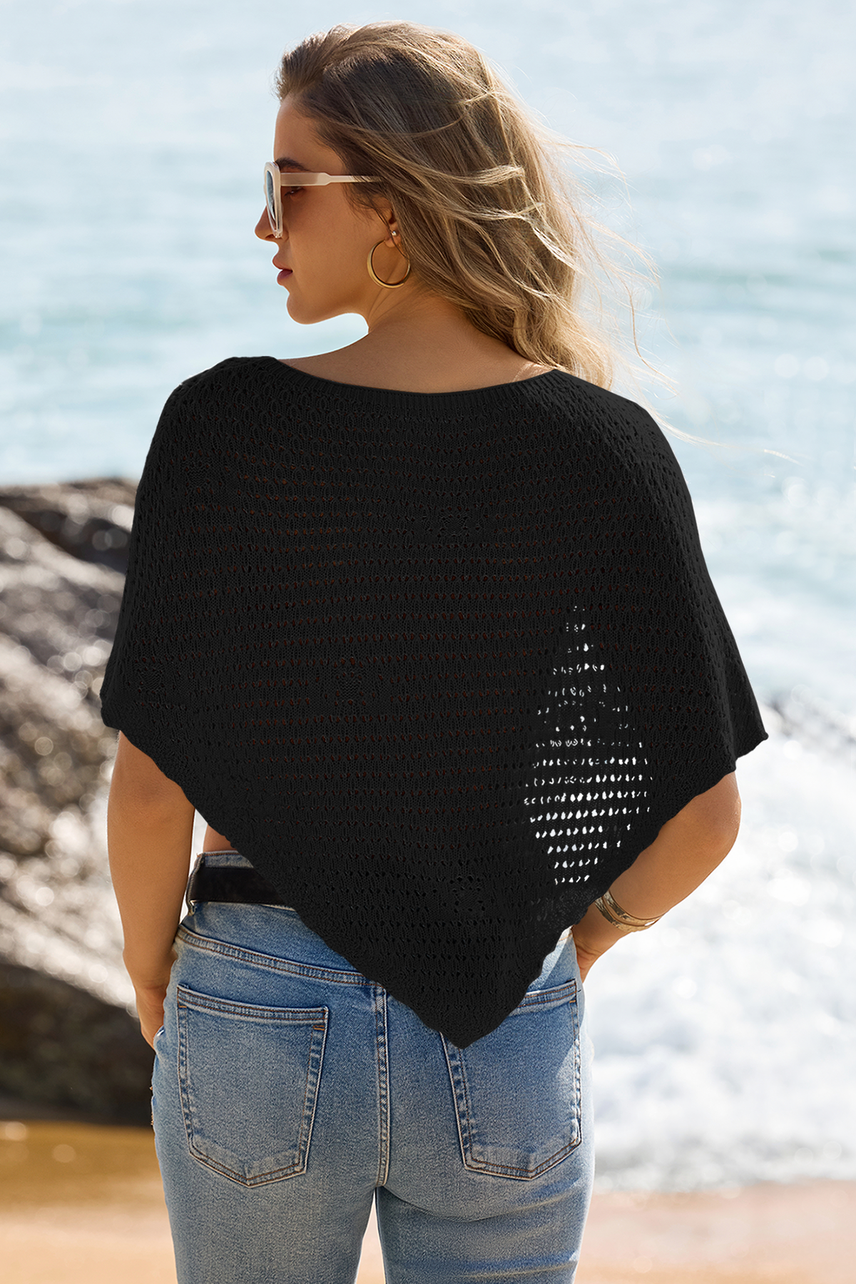 Fisoew Women's Black Sheer Shawl Boho Crochet Cover Ups - Fisoew