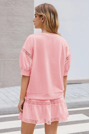 Womens Pink Lace Trim Puff Sleeve Two Piece Skirt Set Fisoew