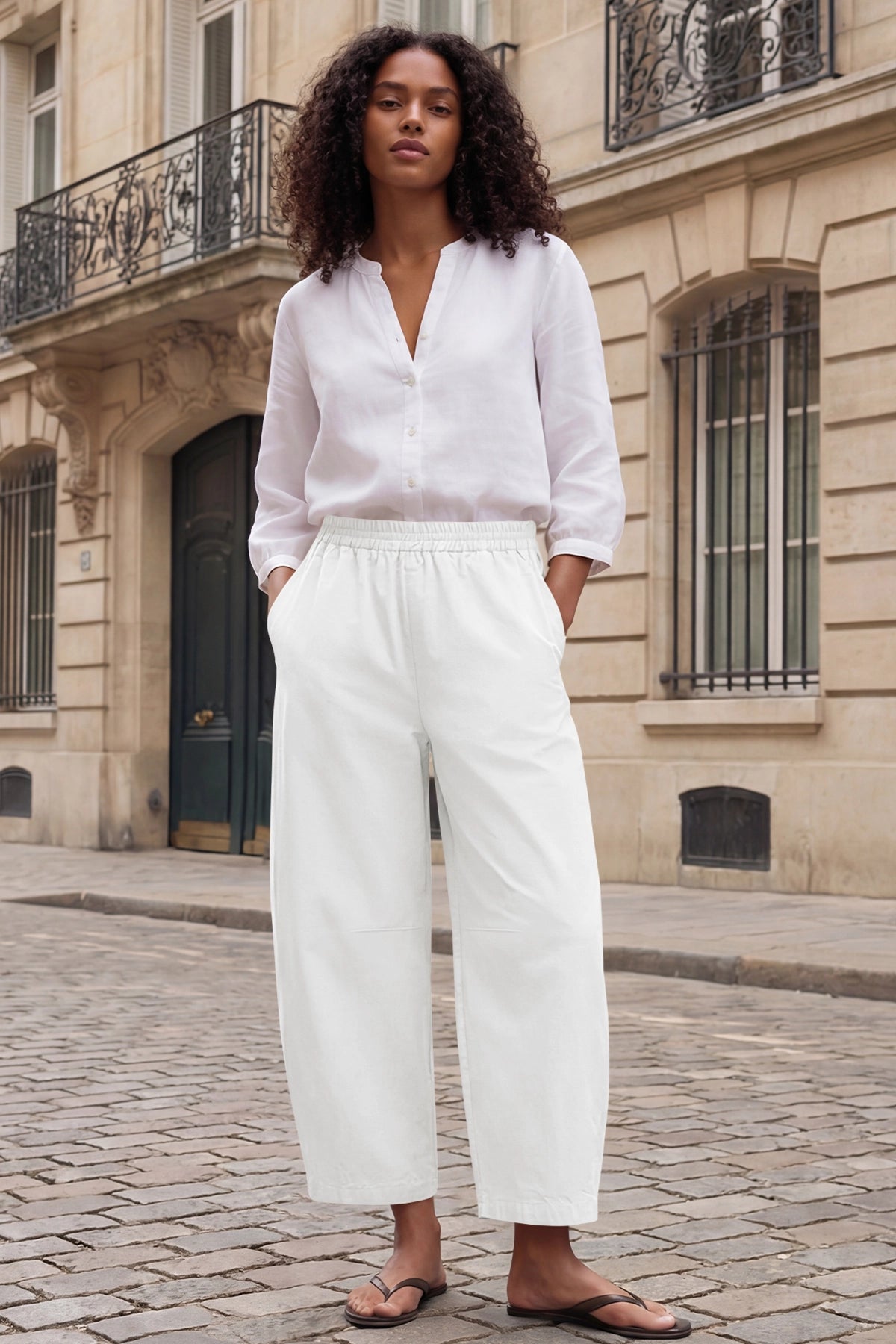 Fisoew Women's White Wide Leg Barrel Pants - Fisoew