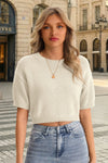 Fisoew Women's Apricot Casual Puff Short Sleeve Crop Sweaters - Fisoew