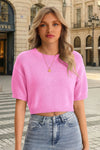Fisoew Women's Pink Casual Puff Short Sleeve Crop Sweaters - Fisoew