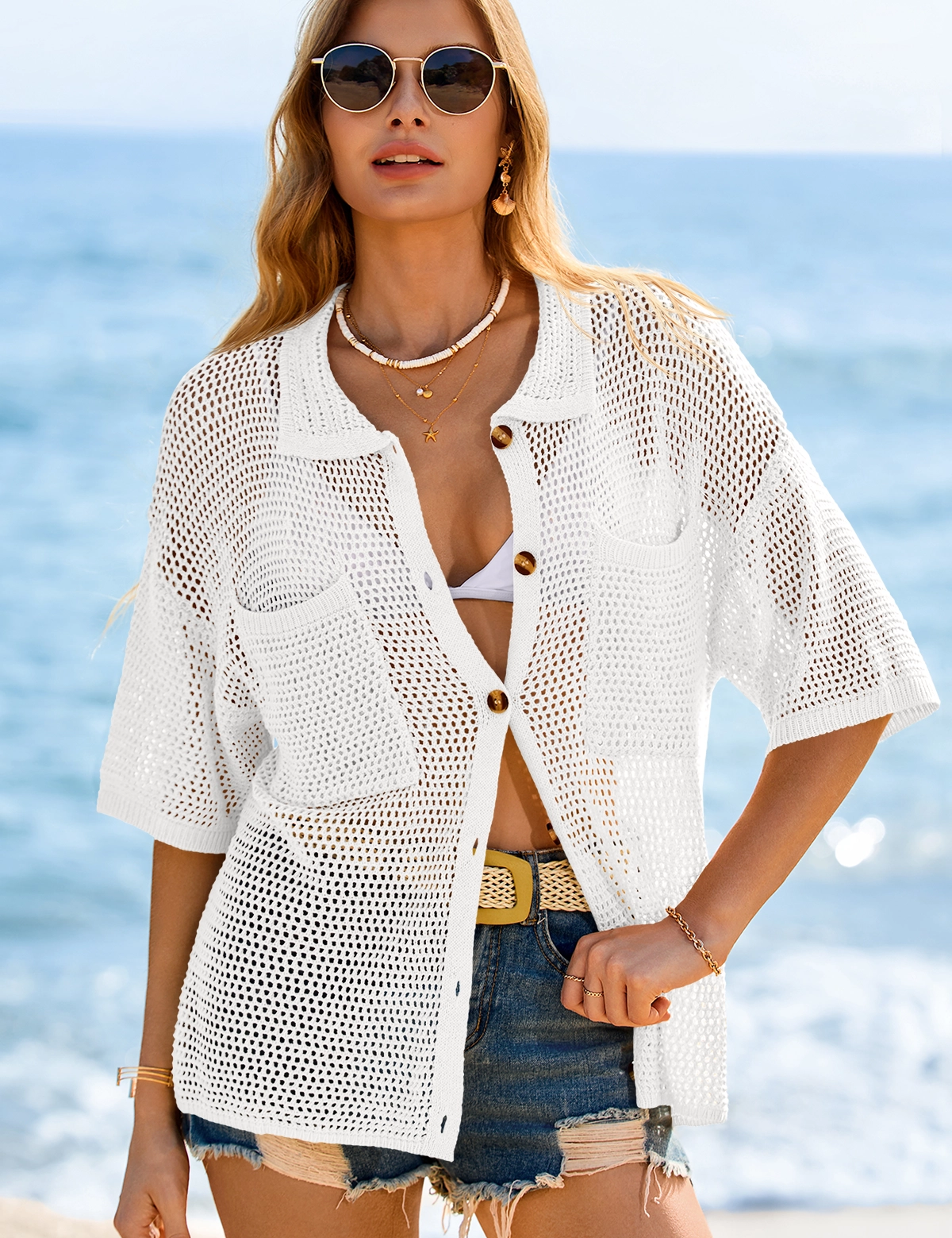 Fisoew Women's White Crochet Lightweight Cardigan Sweaters Cover Up Shirts - Fisoew