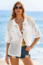 Fisoew Women's White Crochet Lightweight Cardigan Sweaters Cover Up Shirts