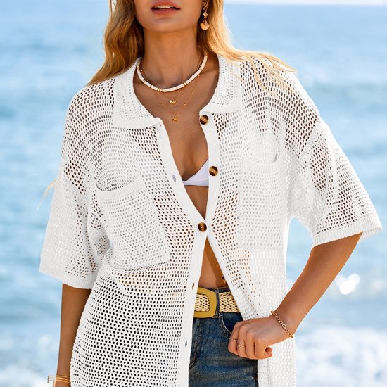 Fisoew Women's White Crochet Lightweight Cardigan Sweaters Cover Up Shirts - Fisoew