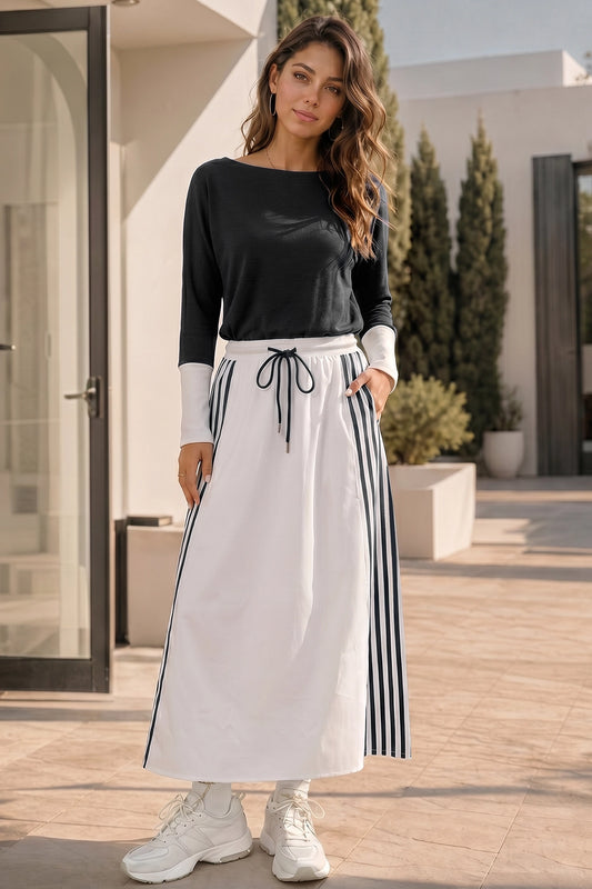 Long Sleeve Striped Drawstring Maxi Dresses - Fisoew