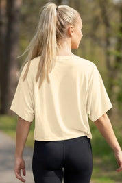 Fisoew Women's Beige Oversized Crop Tops Summer T-Shirt - Fisoew