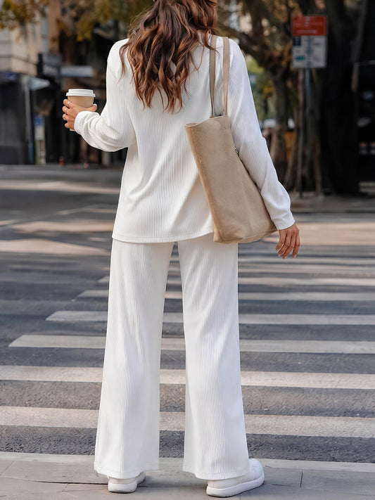 Long Sleeve Tops With Wide Leg Pants Solid Knit Sets