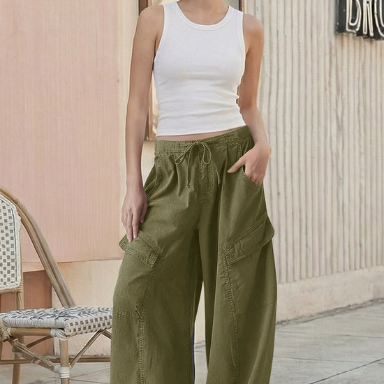 Fisoew Women's Army Green Barrel Baggy Cargo Pants - Fisoew