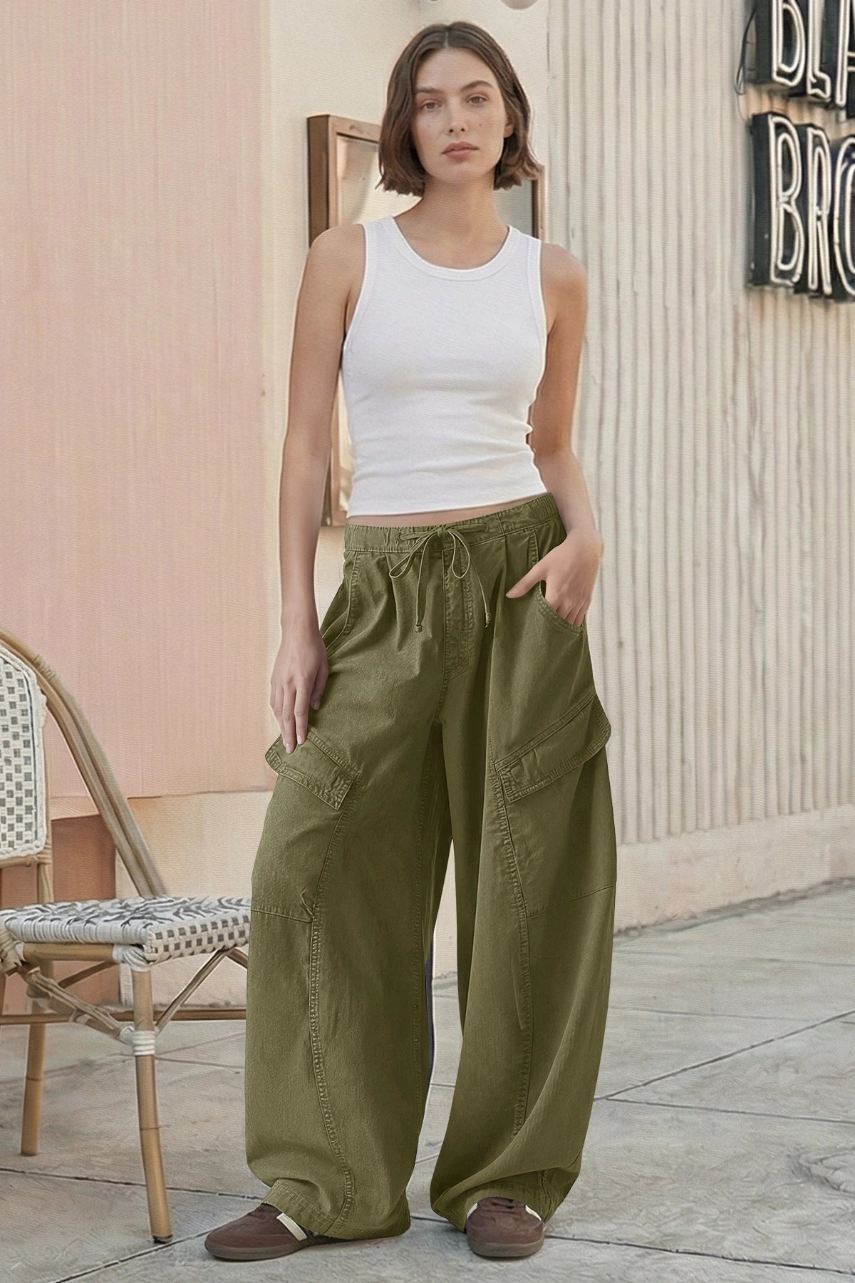 Fisoew Women's Army Green Barrel Baggy Cargo Pants - Fisoew