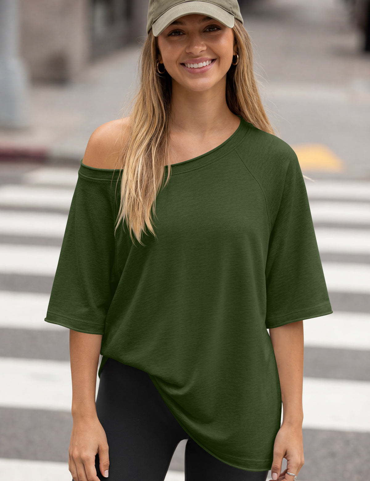 Fisoew Women's Army Green Off The Shoulder Tops Oversized  T-Shirts - Fisoew
