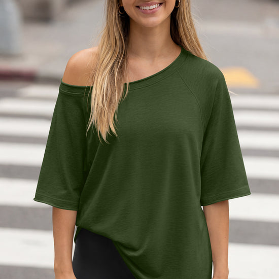 Fisoew Women's Army Green Off The Shoulder Tops Oversized  T-Shirts - Fisoew