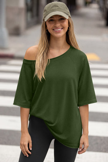 Fisoew Women's Army Green Off The Shoulder Tops Oversized  T-Shirts - Fisoew