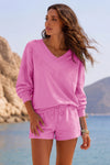 V Neck Solid Sweatsuits With Short Sets
