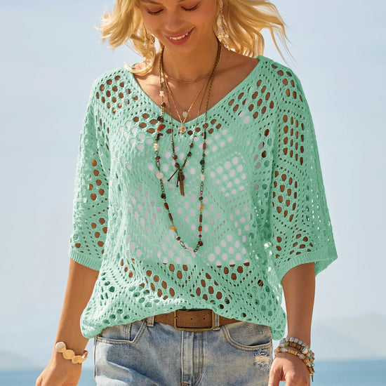Womens Lake Blue Summer Short Sleeve Crochet Swimsuit  Fisoew - Fisoew