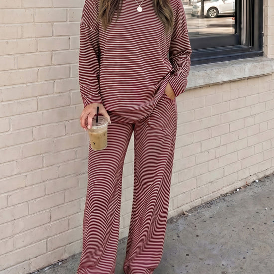 Striped Long Sleeve Top With Wide Leg Pants Set - Fisoew