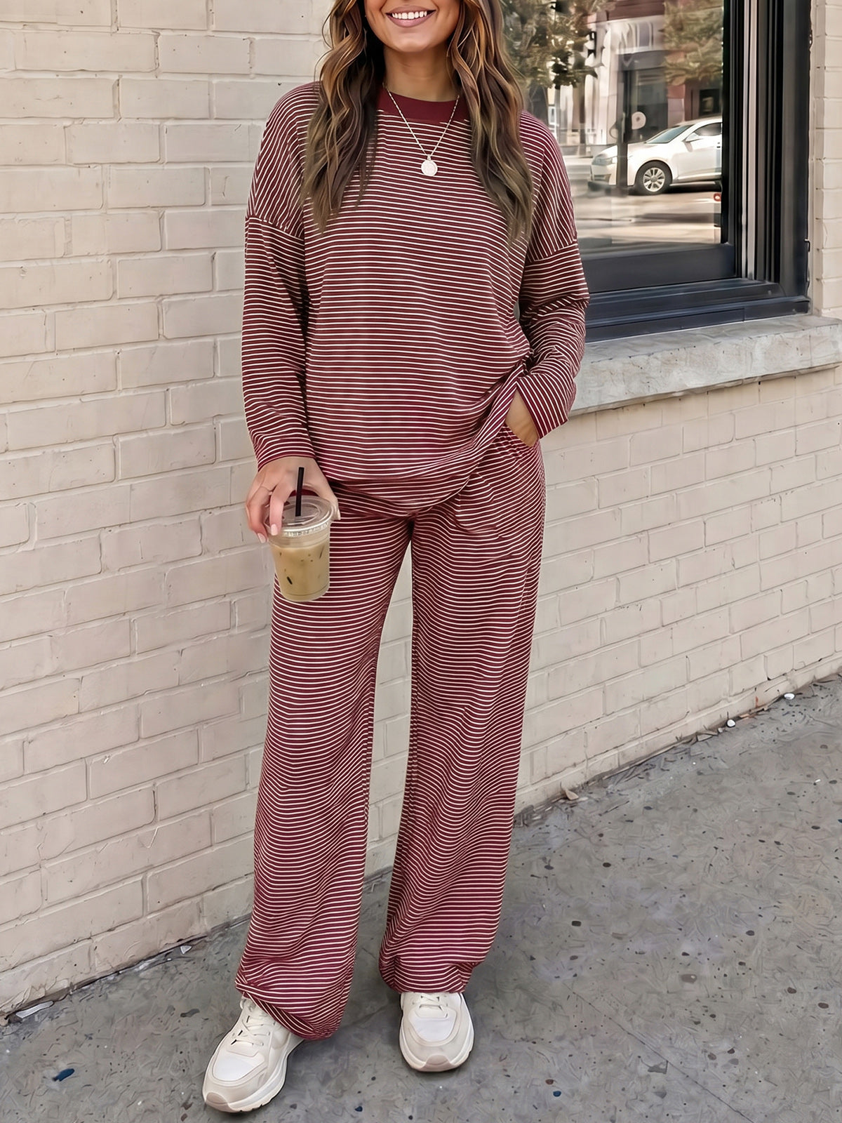 Striped Long Sleeve Top With Wide Leg Pants Set - Fisoew