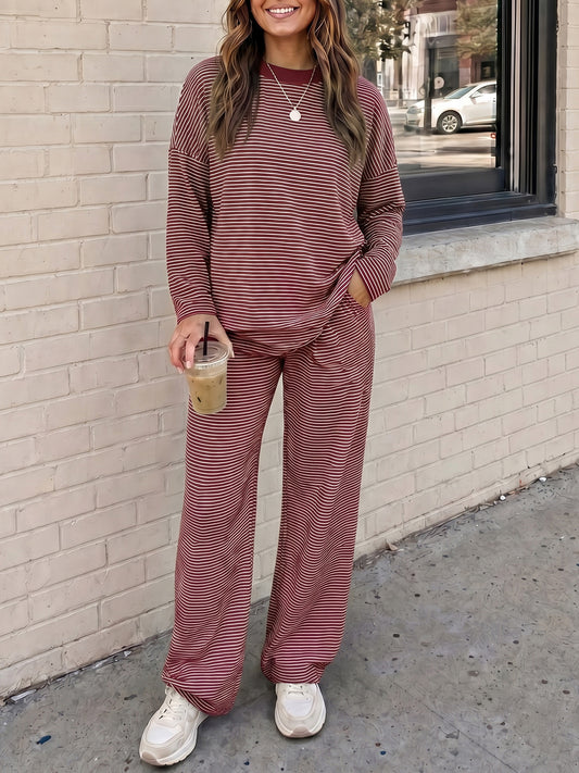 Striped Long Sleeve Top With Wide Leg Pants Set - Fisoew