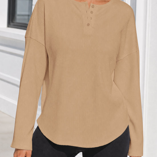 Solid Ribbed Knit Henley Shirts - Fisoew