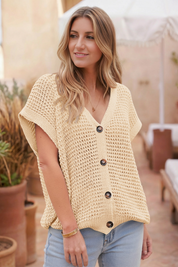 Fisoew Women's Apricot Short Sleeve Crochet Cardigans Sweater Cover Ups - Fisoew