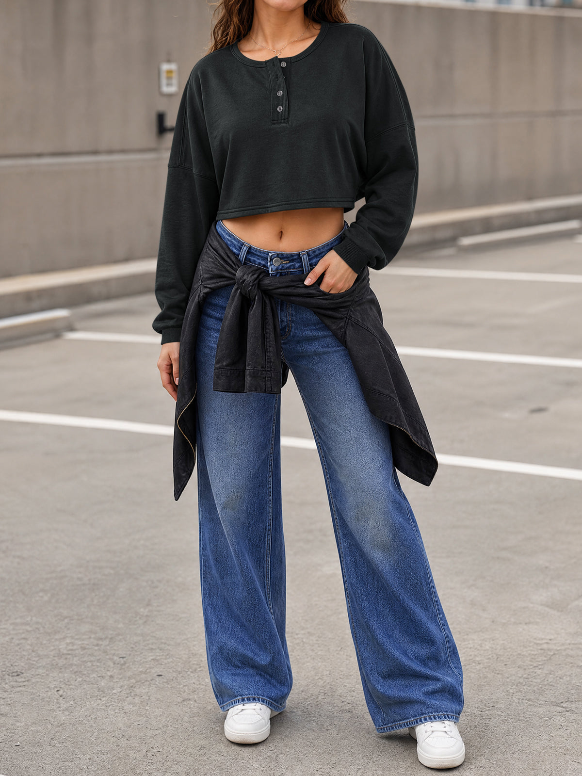 Long Sleeve Oversized Cropped Sweatshirts - Fisoew