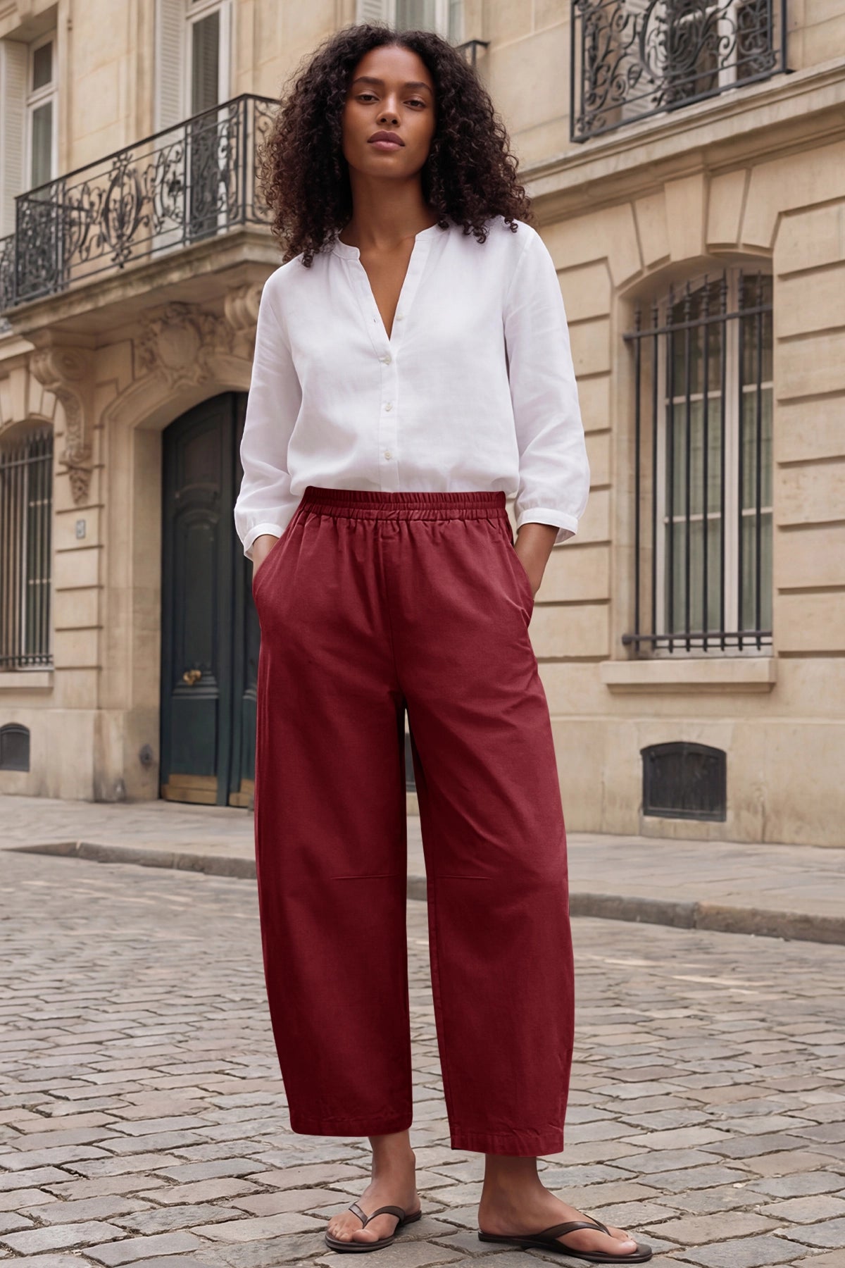 Fisoew Women's Brick Red Wide Leg Barrel Pants - Fisoew