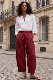 Fisoew Women's Brick Red Wide Leg Barrel Pants - Fisoew