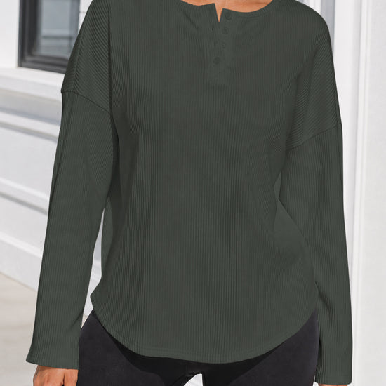 Solid Ribbed Knit Henley Shirts - Fisoew