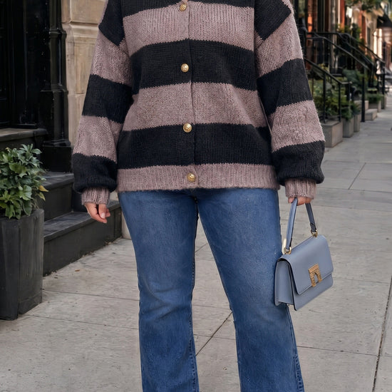 Striped Open Front Button Up Cardigans - Fisoew